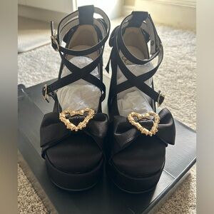 Chic Black Platform Heels with Gold Heart Detail